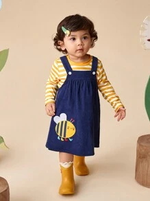SHEIN Baby Girl 2pcs Cute Long Sleeve Striped Print Top And Bee Embroidered Overall Dress Casual Fashion Outfit, Suitable For Fall - Navy Blue - View 3