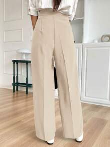 DAZY Women Straight Leg Dress Pants With Asymmetrical Waistline - Beige - View 2