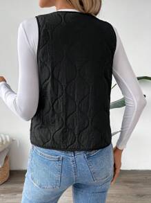 SHEIN LUNE New Winter Black Padded Vest For Women, Thick Thermal Lined, V-Neck, Sleeveless, Figure-Flattering, Versatile