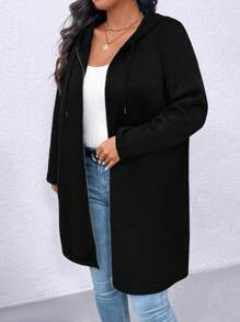 SHEIN LUNE 加大码纯色长袖前拉链简约连帽外套，休闲日常穿着 - 黑色 - 查看 5