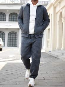 Manfinity Homme 2件套男士休闲拉链连帽衫和抽绳腰带运动裤套装 - 深灰色 - 查看 1