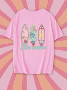 Tseoso Áo thun nữ cổ tròn tay ngắn họa tiết lướt sóng và trượt ván màu hồng cỡ lớn, giản dị và đơn giản, phù hợp cho mùa thể thao mùa hè - Màu Hồng baby - Xem 4