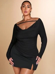 SHEIN BAE Plus Size Women's Elegant Sexy Fashion Versatile Knitted Elastic Solid Color Beige Open Shoulder Hollow Ruched Fitted Long Sleeve T-Shirt