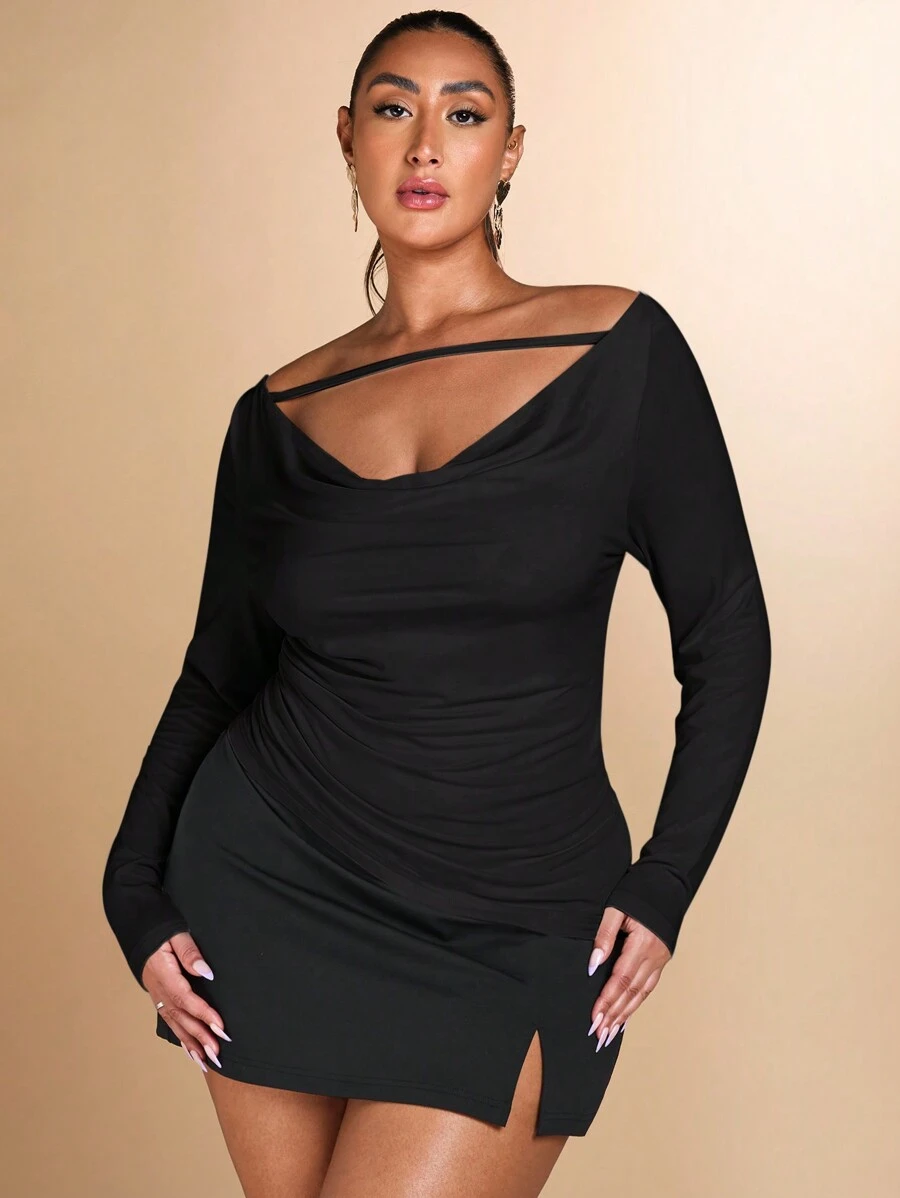 SHEIN BAE Plus Size Women's Elegant Sexy Fashion Versatile Knitted Elastic Solid Color Beige Open Shoulder Hollow Ruched Fitted Long Sleeve T-Shirt