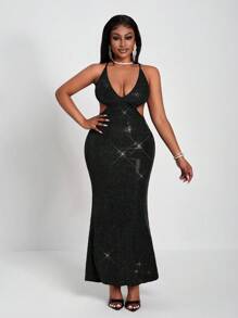 Slaydiva Black Glitter Knitted Long Dress, Elegant Hollow-Out Fitted Party Dress Suitable For Party, Valentine's Day, Date Night - Black - View 5