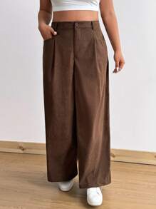 Flirla Plus Size High Waisted Brown Corduroy Palazzo Pants For Women, Loose Casual Trousers For Fall/Winter - Brown - View 7