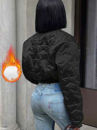 Women's Black Casual Padded Short Puffer Jacket, Warm For Autumn/Winter