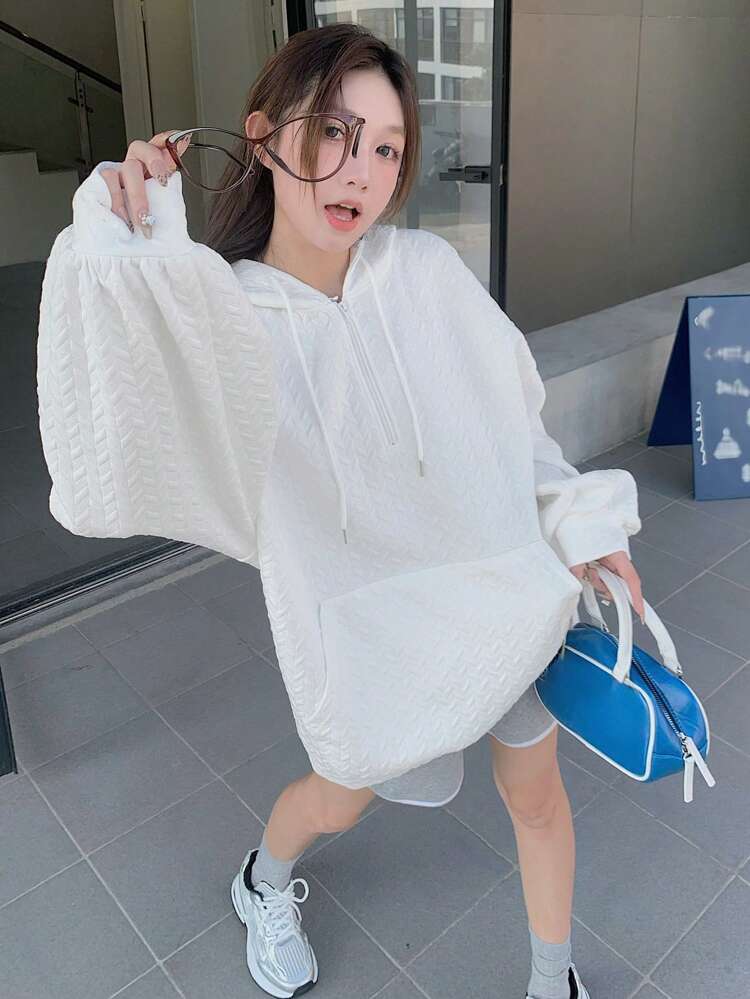 Women's Textured Twist Pattern Hooded Pullover Sweatshirt With Half Zipper,Fall Women Clothes