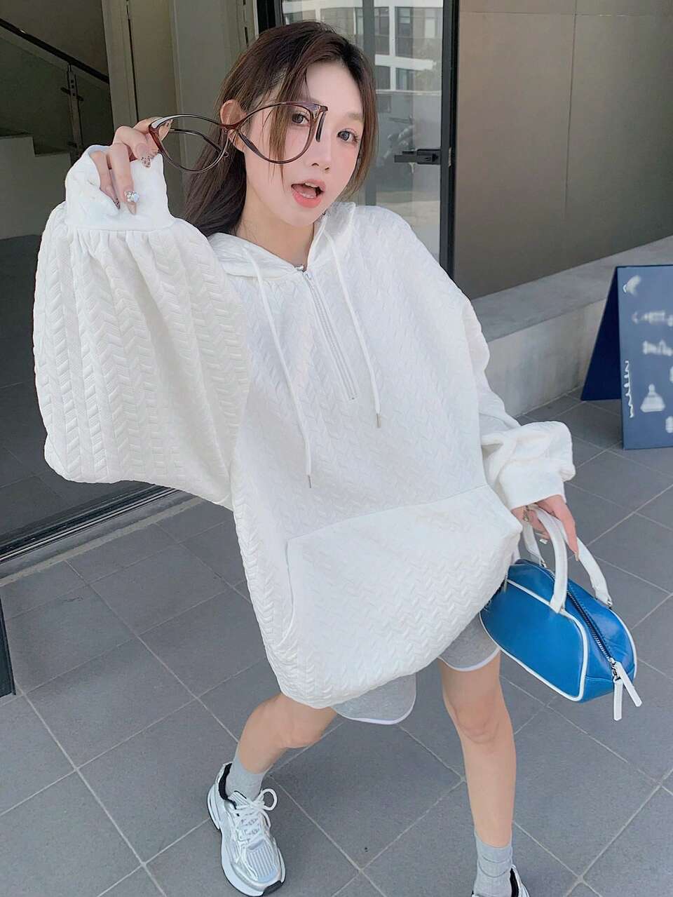 Women's Textured Twist Pattern Hooded Pullover Sweatshirt With Half Zipper,Fall Women Clothes