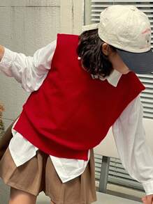 DAZY 青少年女孩 V 领纯色休闲毛衣背心，适合秋冬圣诞节、新年 - 紅色 - 查看 5