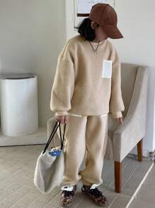 Dazy Kids 少女抓绒两件套，秋冬季 - 米色 - 查看 4