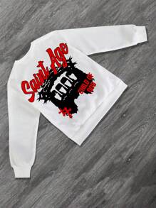 Manfinity EMRG Men's Casual Loose Letter Print Crew Neck Sweatshirt, Autumn & Winter Going Out Graphic Long Sleeve Sweatshirt, For Friends, Husband, Boyfriend Gifts - White - View 2