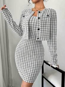 Selianne 女士春秋优雅黑白格子黑色金扣短夹克和吊带裙 2 件套 - 黑與白 - 查看 5