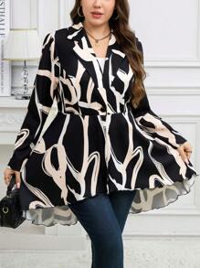 SHEIN Clasi Plus-Size Asymmetrical Hem Single Breasted Lapel Blazer, Autumn - Black and White - View 3