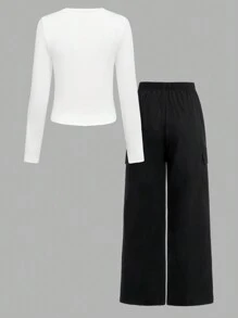 SHEIN Explorewe 2pcs Teenage Girls Casual Graphic Cropped Sweatshirt And Wide-Leg Pants Set - Black and White - View 2