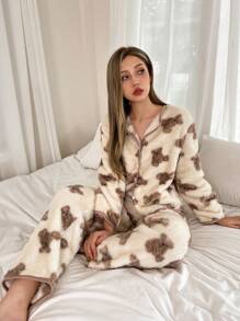 Snug Zone 泰迪熊印花长袖上衣和裤子蓬松睡衣套装，秋冬服装，舒适保暖 - 杏色 - 查看 3