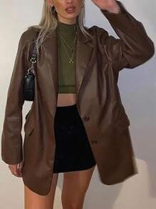 Firerie 女士咖啡棕色缺口领长袖 PU 西装外套