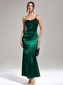 SHEIN Belle Women's Solid Color Spaghetti Strap Sequin Decoration Long Cocktail Dress, Prom Semi Formal Dress, For Birthday, Wedding Guest, Graduation, Dinner, Homecoming, Christmas