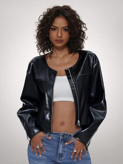 Forever 21 前拉链长袖休闲 PU 黑色简约夹克