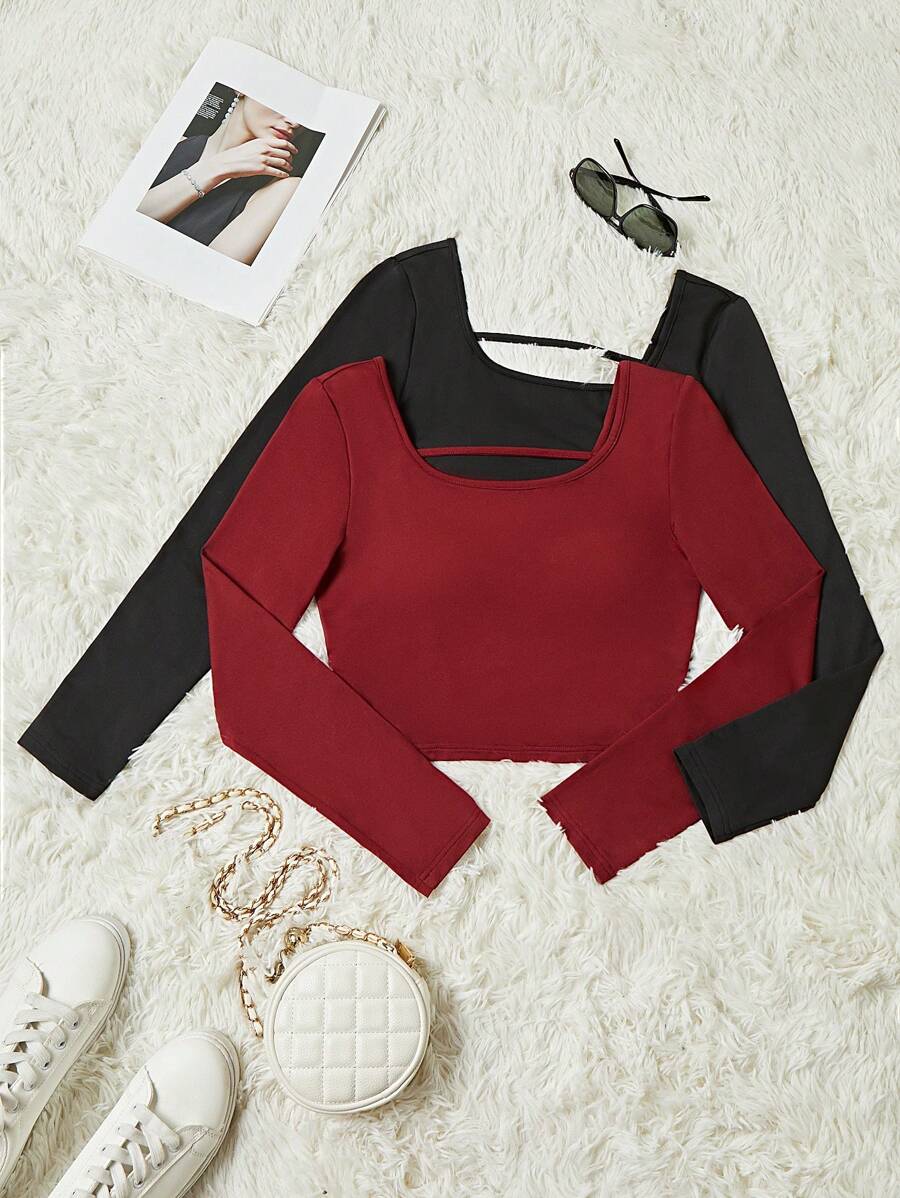 SHEIN Unity Women's Solid Color Square Neck Long Sleeve Casual T-Shirt, Autumn Fall Cloth For Women - Multicolor - View 1