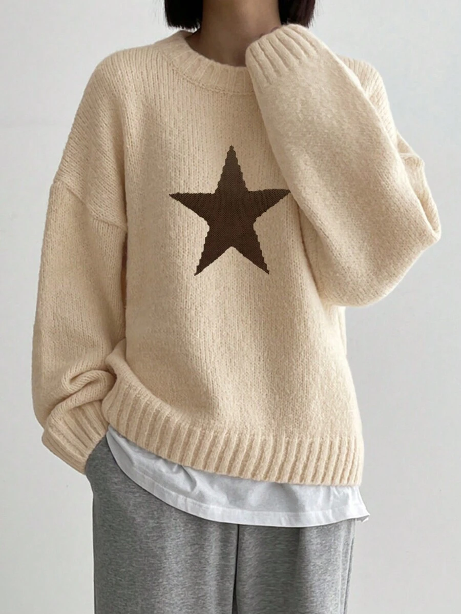 DAZY Jersey informal de cuello redondo de manga larga con estampado de estrella de 5 puntas