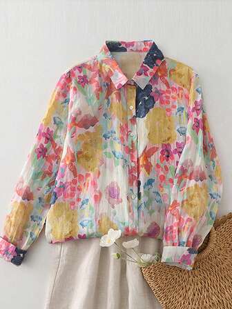 Autumn Winter New Linen- Blend Oil Painting Floral Print Shirt