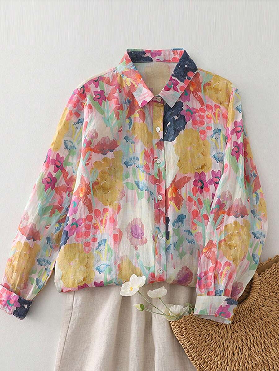 New Arrival Autumn Oil Painting Ditsy Floral French Minimalist Lightweight Blouse For Women,Long Sleeve Tops