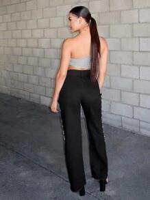 Denimoi 秋季女装，女士时尚黑色阔腿牛仔裤，侧面饰有水钻系带细节牛仔裤。适合休闲外出、日常、日常穿着、旅行、外出、音乐会、节日、派对、夜间外出 - 黑色 - 查看 6