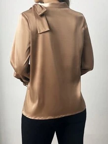 SHEIN LUNE 女士纯色蝴蝶结装饰长袖衬衫 - 杏色 - 查看 2