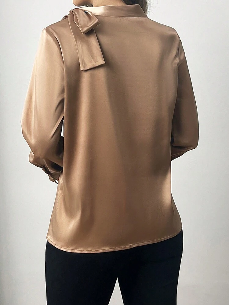 Women's Solid Color Bow Decor Long Sleeve Blouse