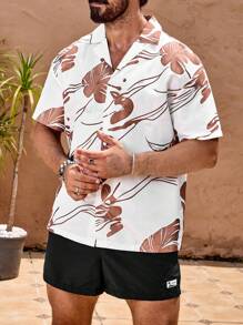 Manfinity Swimmode Heren Turndown Collar Allover Print Korte Mouw Top En Trekkoord Voorkant Shorts Strandset
