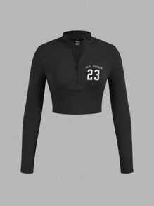 SHEIN EZwear Conjunto de 3 piezas de camiseta de cuello alto acanalada con estampado gráfico n.° 23 y cremallera para mujer, adecuado para primavera y otoño