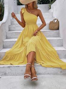 Breezaya Đầm Maxi Đi Biển Thời Trang Cho Nữ Không Đối Xứng Vai Không Đối Xứng Viền Xếp Ly - Màu vàng - Xem 1