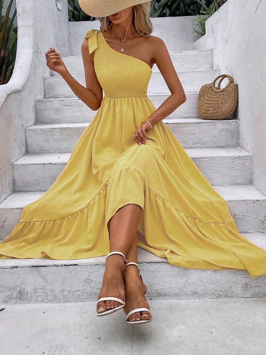 Breezaya Đầm Maxi Đi Biển Thời Trang Cho Nữ Không Đối Xứng Vai Không Đối Xứng Viền Xếp Ly - Màu vàng - Xem 1