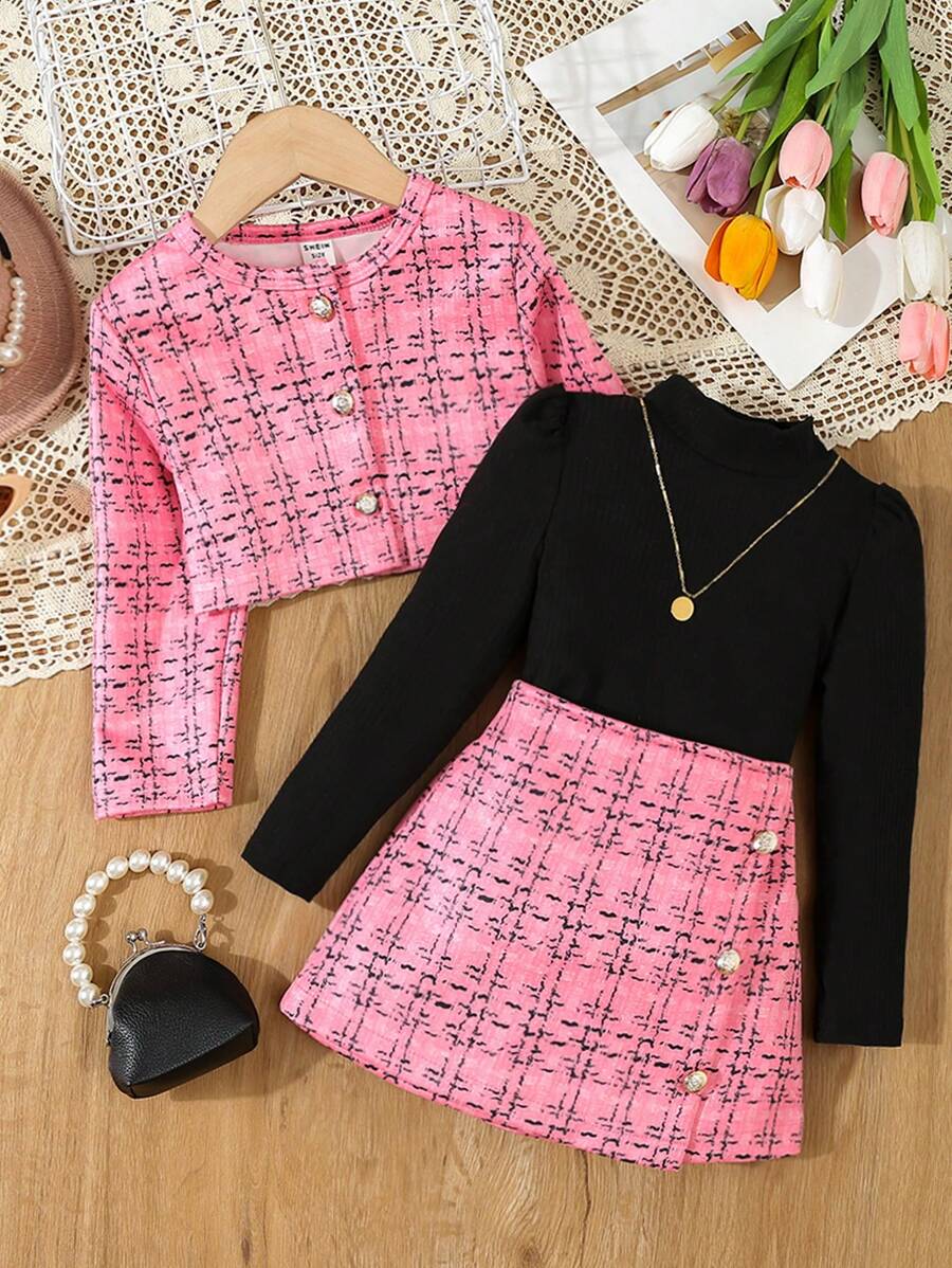 SHEIN Elladie kids 年轻女孩格子印花前扣长袖夹克搭配黑色长袖上衣和迷你裙优雅套装 - 粉色 - 查看 1