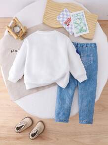SHEIN Bộ 2 món áo nỉ dài tay và quần cạp chun in họa tiết hoa cho bé gái, chất liệu dày dặn, thích hợp cho mùa thu/đông. - trắng - Xem 2