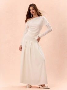 Enchnt Women Solid Color Asymmetric Collar Long Sleeve Top And Skirt Elegant Set - Beige - View 2