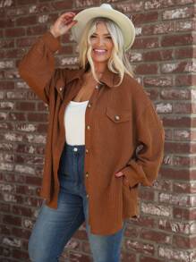 SHEIN LUNE Plus Size Plain Button-Front Casual Long Sleeve Jacket Winter Fall Autumn