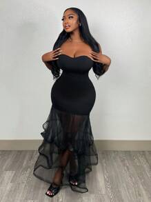Slaydiva Váy xếp nếp lưới đen chắp vá cho nữ - màu đen - Xem 1