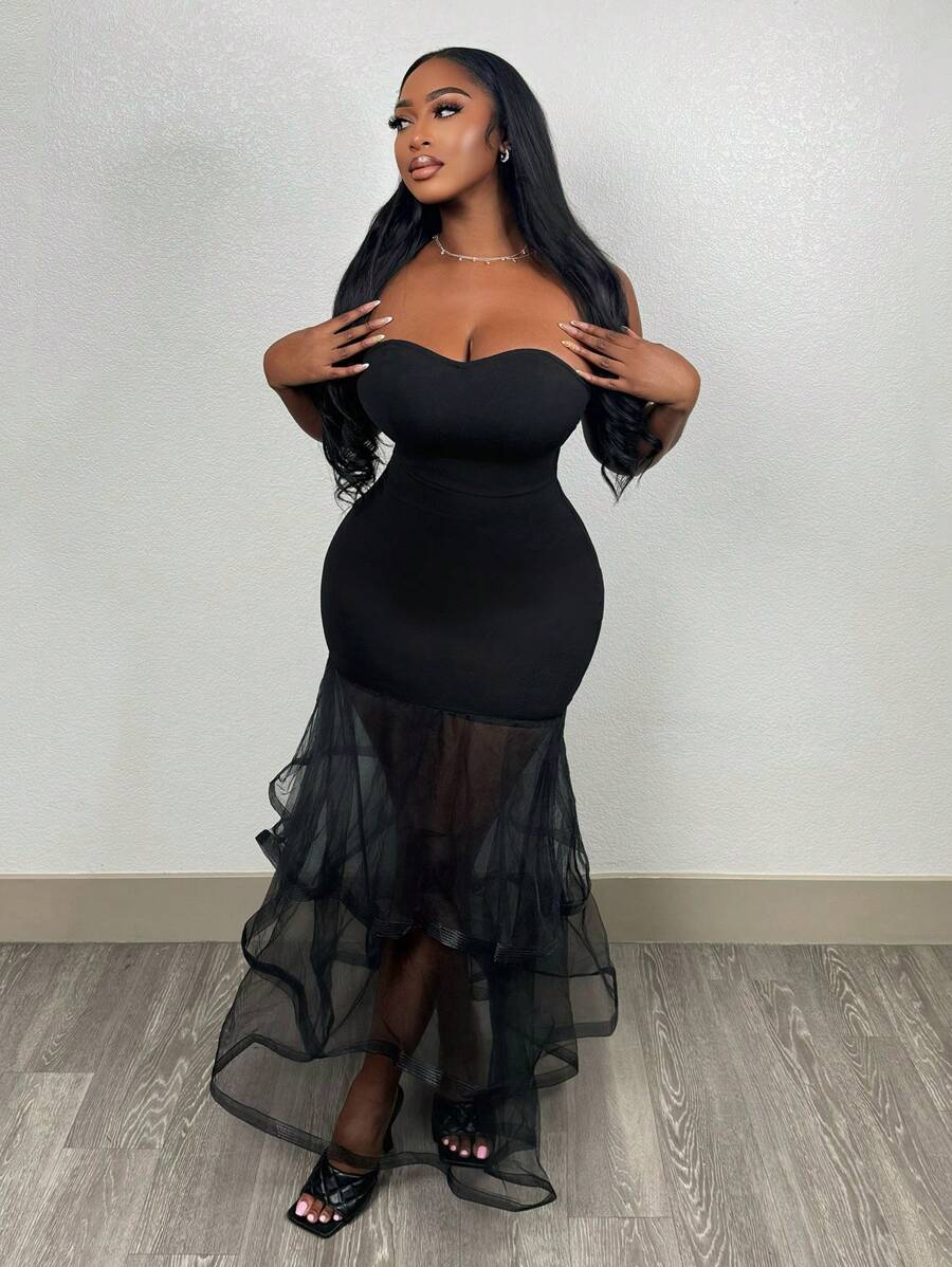 Slaydiva Váy xếp nếp lưới đen chắp vá cho nữ - màu đen - Xem 1