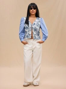 Forever 21 大码女式花卉图案泡泡袖衬衫，春季和秋季 - 藍色 - 查看 4
