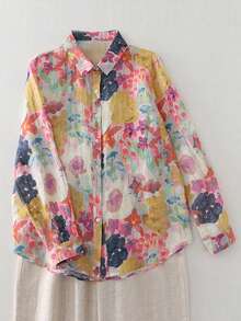 New Arrival Autumn Oil Painting Ditsy Floral French Minimalist Lightweight Blouse For Women,Long Sleeve Tops