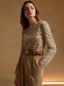 Anewsta 钩编优雅复古镂空圆领长袖