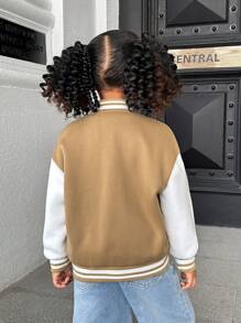 SHEIN Young Girl Woven Color Block Cute Bear Letter Pattern Loose Varsity Jacket,Autumn,Career Day,Back-To-School,Winter Casual Daily Wear School Jacket - Multicolor - View 4