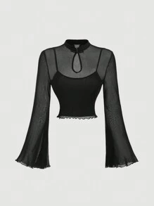 SHEIN MOD Chemisier pour femmes avec col montant et manches évasées, Tenues de concert, Tenues de sorcière, Cols roulés noirs, Hauts de pirate, Vêtements hippies, Hauts de sorcière, Costume de diable, Top noir sexy
