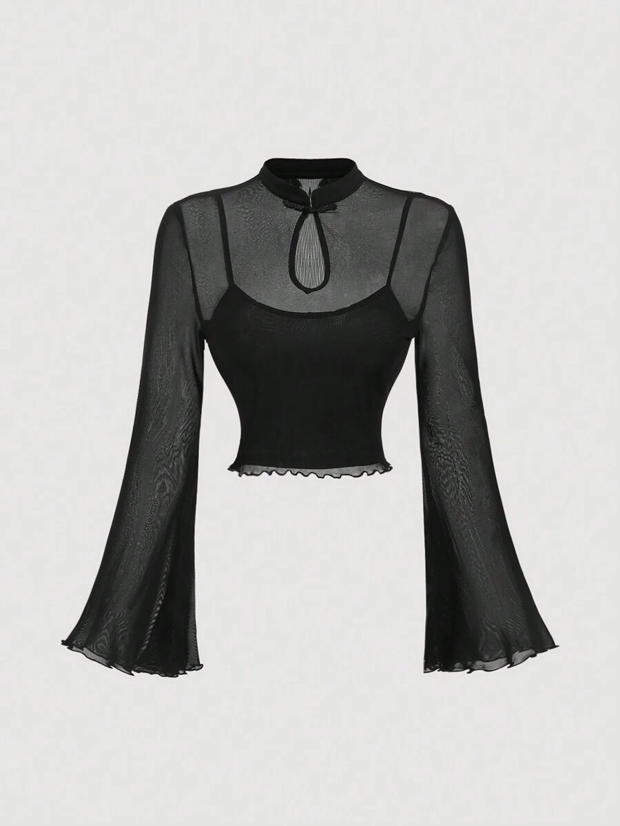 SHEIN MOD Chemisier pour femmes avec col montant et manches évasées, Tenues de concert, Tenues de sorcière, Cols roulés noirs, Hauts de pirate, Vêtements hippies, Hauts de sorcière, Costume de diable, Top noir sexy