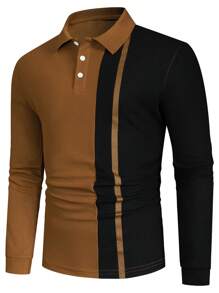 Manfinity Homme Men's Color Block Long Sleeve Casual Loose Polo Shirt, Spring Autumn