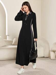 Mulvari Women's Color Block Collared Lace-Up Long Sleeve Casual Dress, Spring Autumn Maxi Women Outfit Fall Cloth For Women
