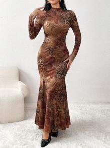 Modelyn Đầm dài tay thanh lịch cổ đứng in họa tiết toàn thân cho nữ, váy dạ hội dài - màu nâu - Xem 4