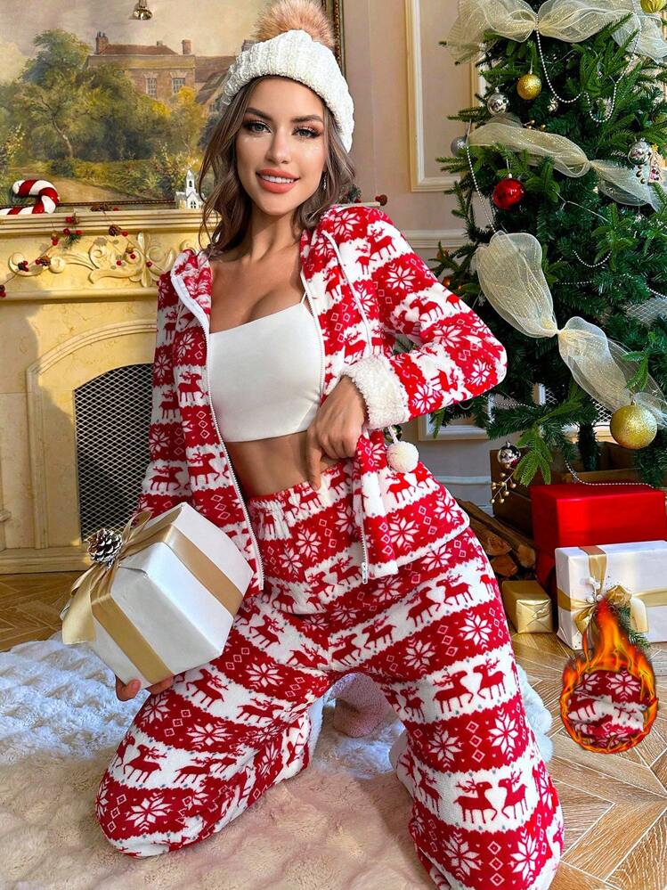 Ensemble de pyjama pour femmes avec capuche et oreilles d'animal en peluche à imprimé renne, Noël